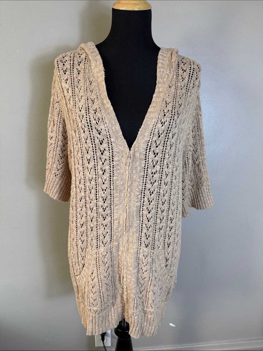 Vintage Coldwater Creek Beige Short Sleeve Open-Knit Hooded Sweater Cardigan 1X